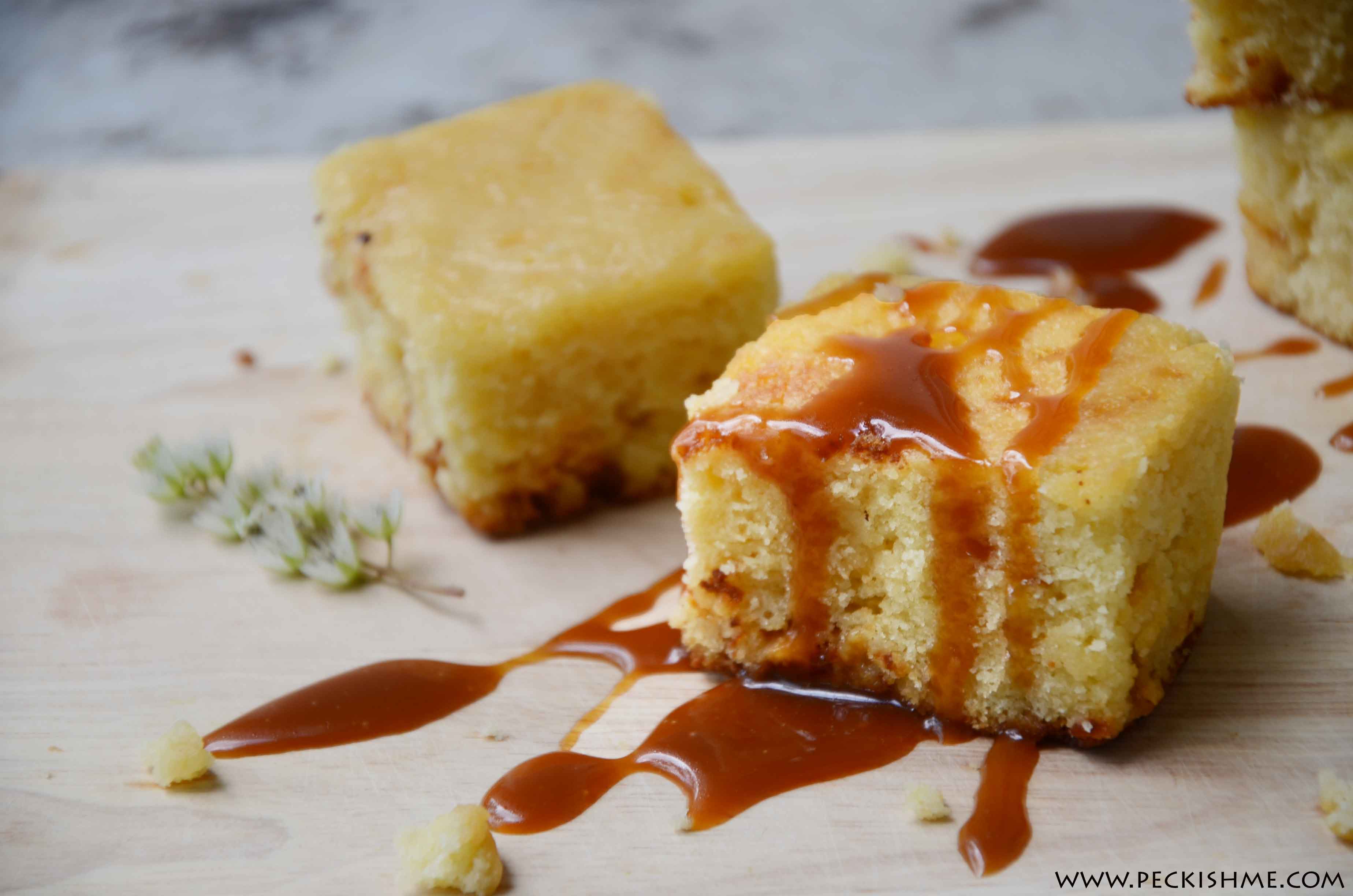 white chocolate blondies smeared with salted caramel sauce